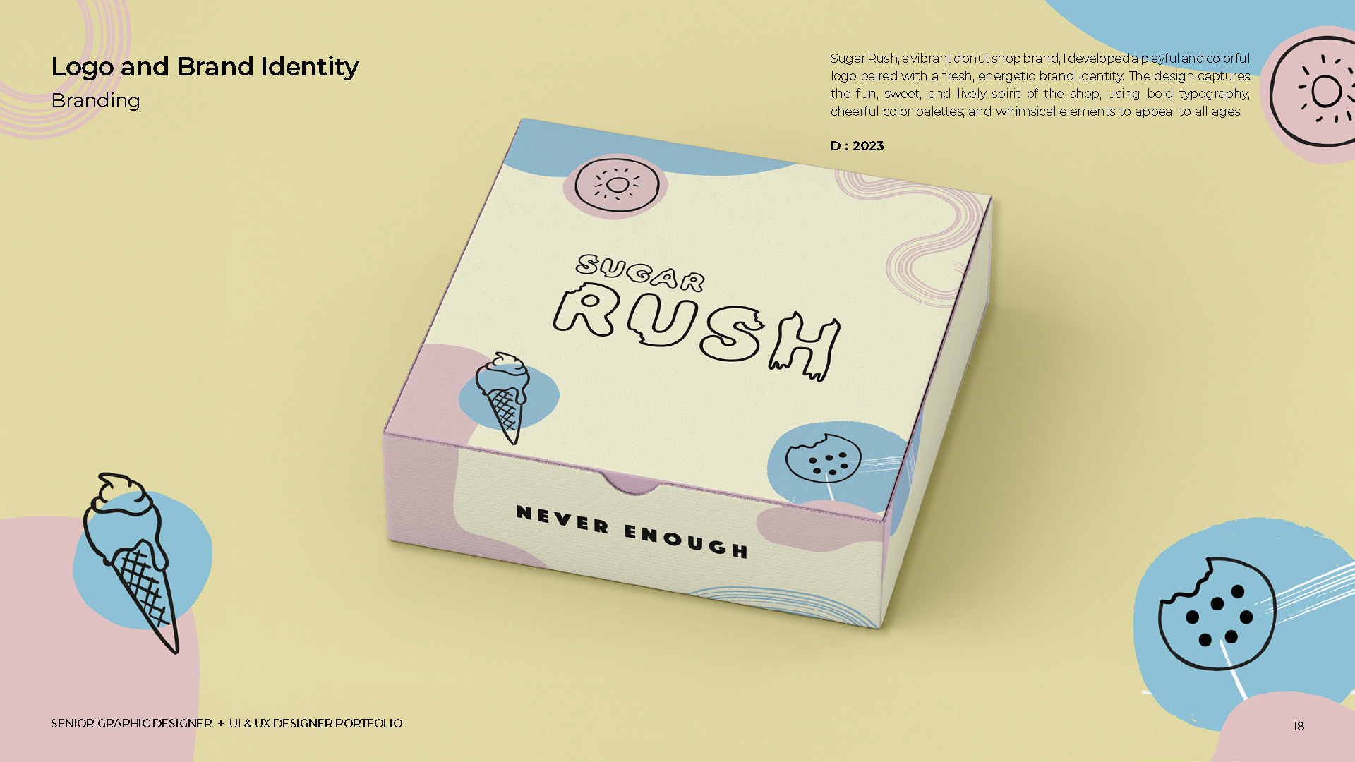 تصميم عبوة مربعة تحمل شعار "RUSH" مع رسومات لأشكال مثلجات وألوان هادئة مع نص "NEVER ENOUGH" على الجانب.

Description generated by AI