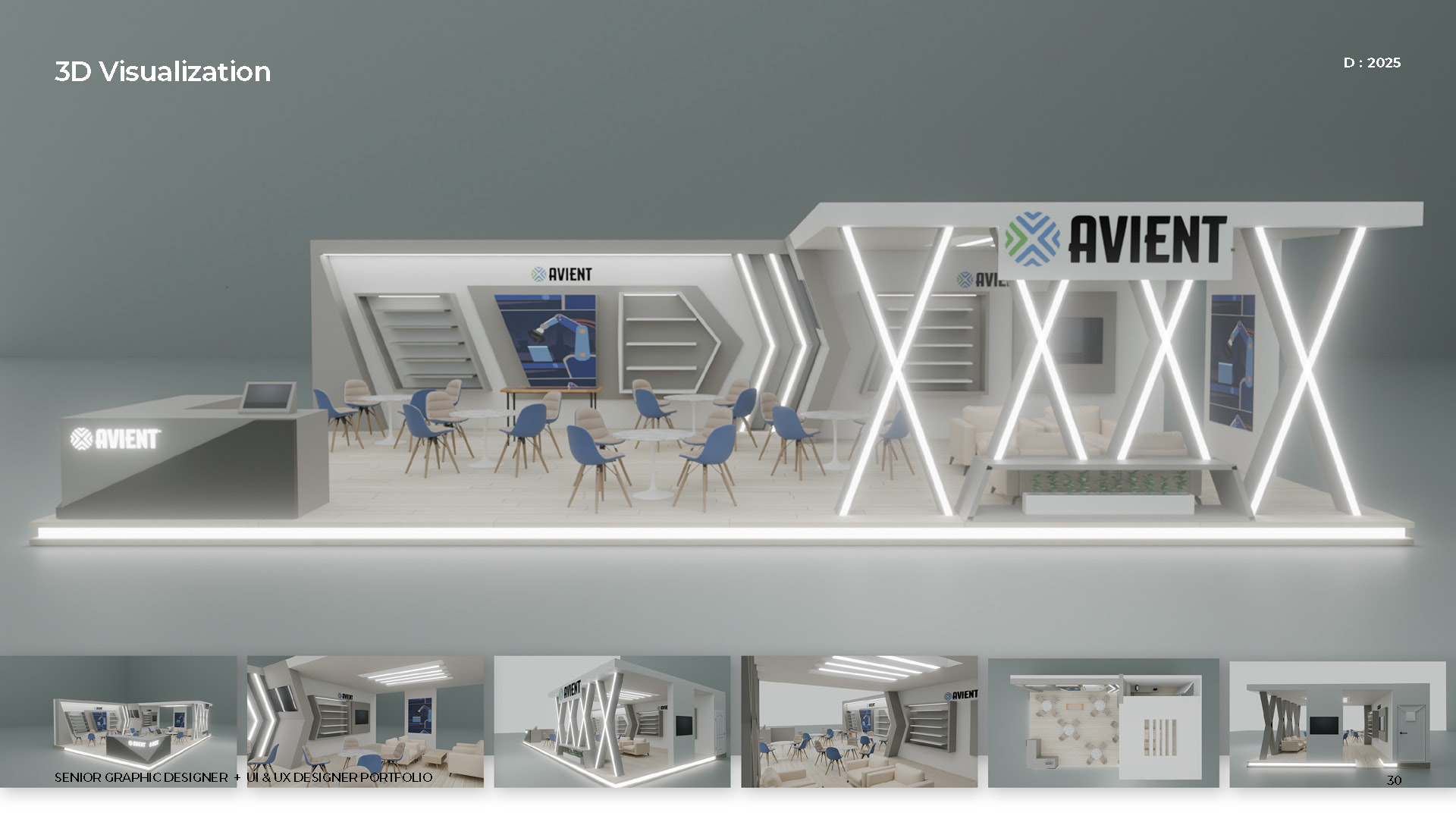 تصميم ثلاثي الأبعاد لكشك عرض حديث يحمل شعار Avient مع منطقة جلوس وكراسي وطاولة استقبال مضاءة بأضواء بيضاء ناعمة.

Description generated by AI