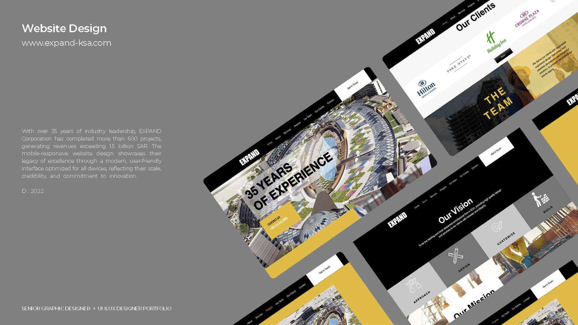 تصميم موقع إلكتروني يعرض خبرة تمتد لثلاثة عقود مع أقسام للعملاء والفريق والرؤية مع صور ومخططات بألوان الأبيض والأسود والأصفر.

Description generated by AI